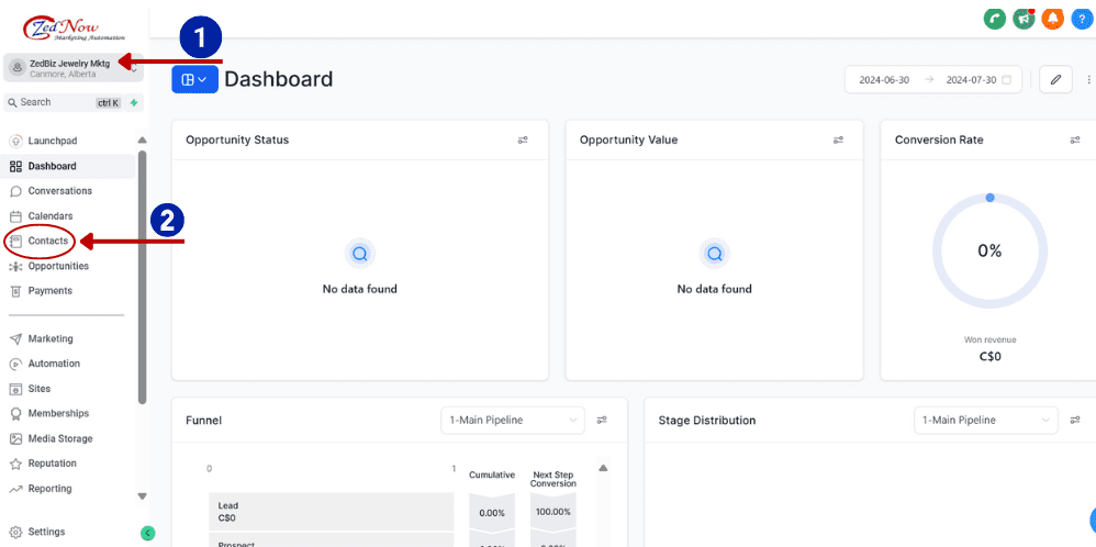 managing contact gohighlevel - dashboard