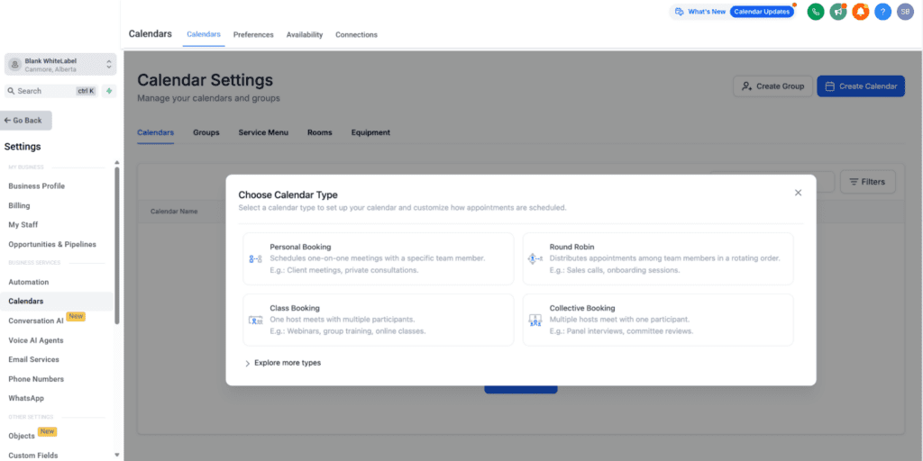 GoHighLevel Calendars Onboarding - Calendar Type