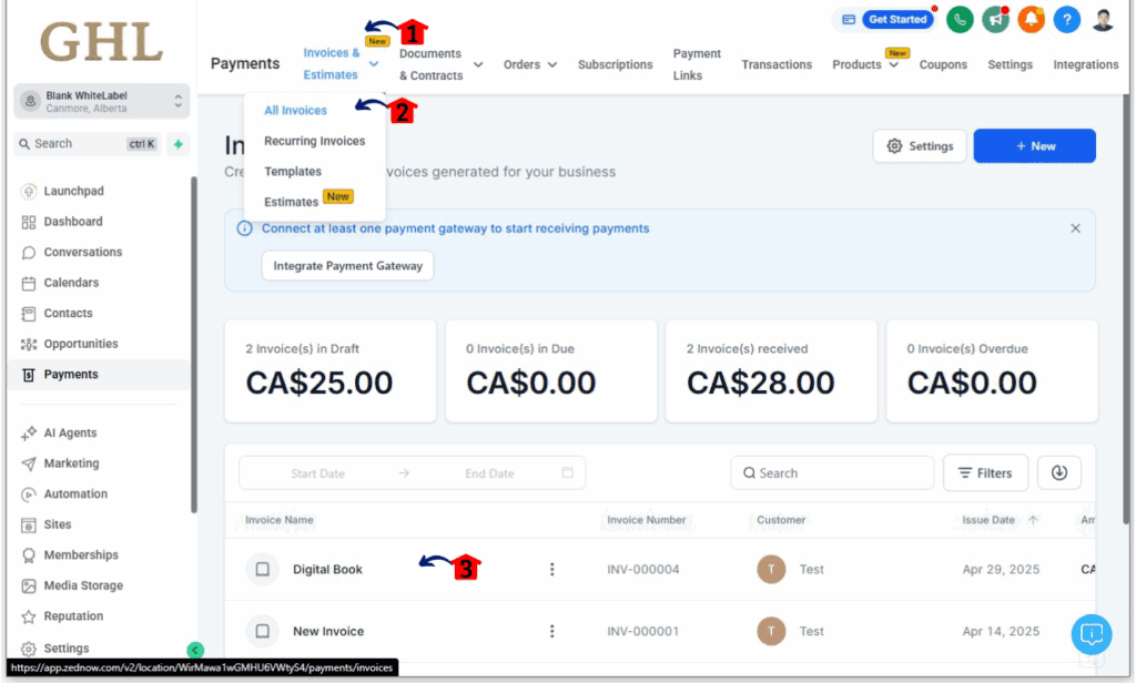 Accessing the Invoices and Estimates in GHL step 2
