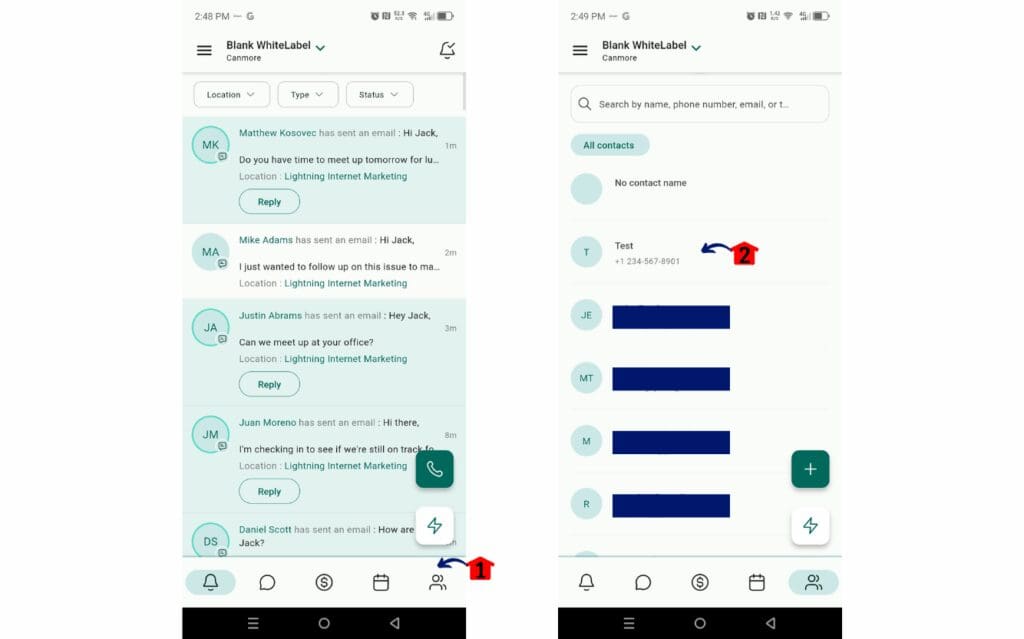 Accessing the contact page in LeadConnector mobile app