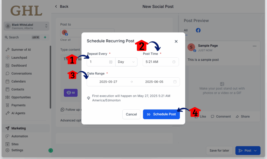 recurring social posts - schedule post