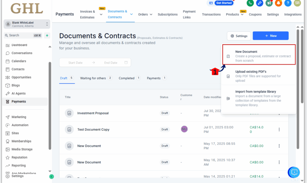 PDF builder view in GoHighLevel demonstrating updated PDF form alignment logic.