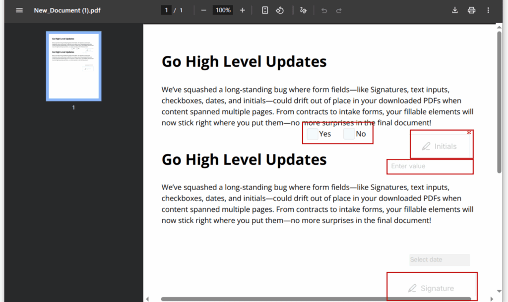 Screenshot showing correct PDF form alignment across multiple pages in a GHL document.