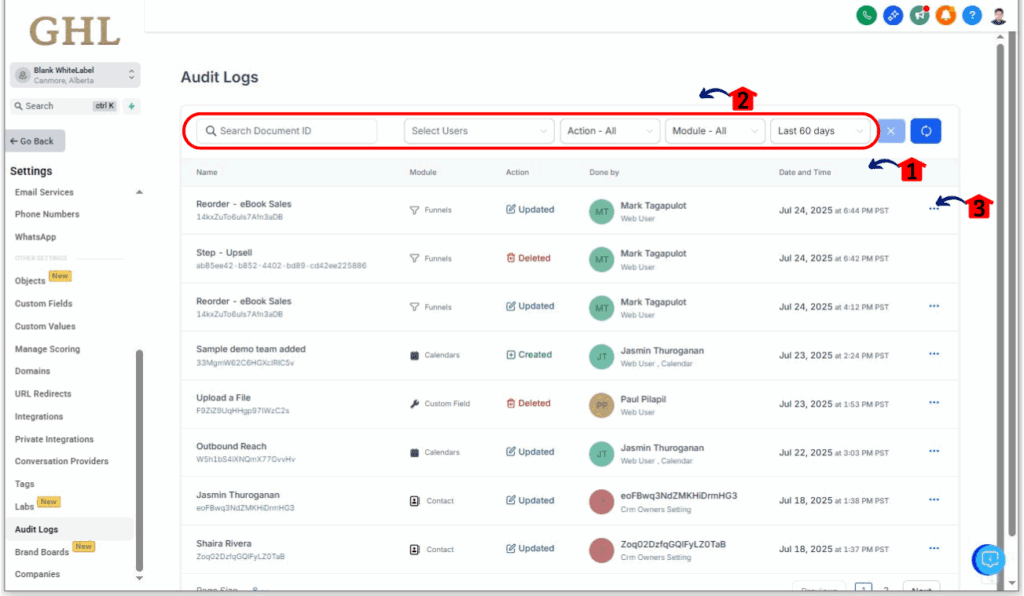 List View of Audit Trail Tracking page