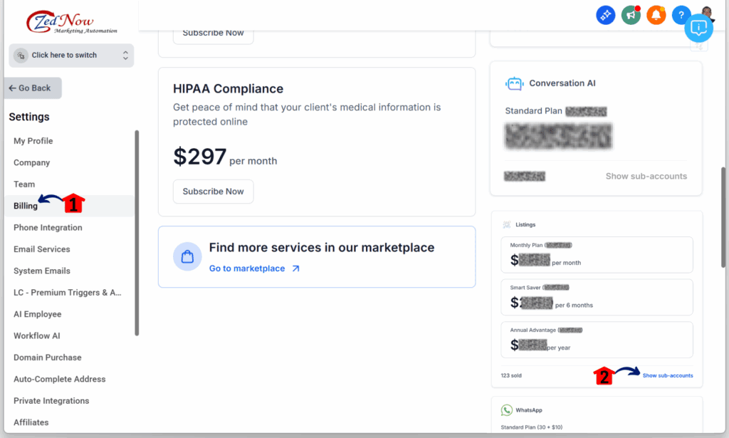 Setting the billing 