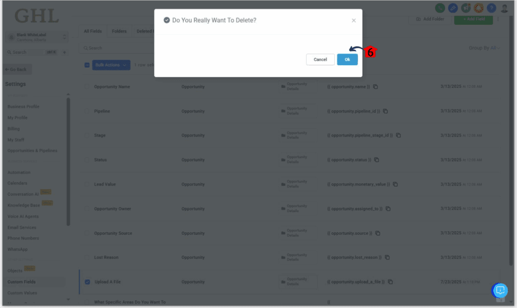 Confirm Custom Field Delete