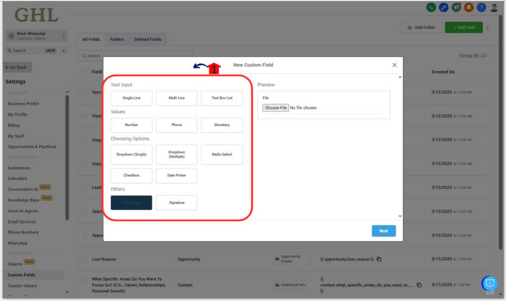 Custom Fields Opportunities List