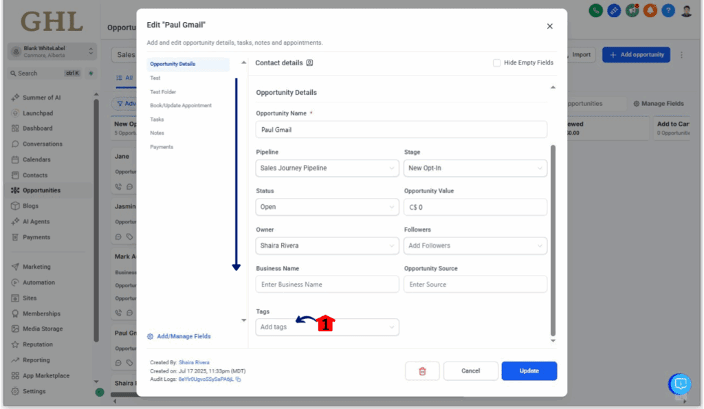 Add Tags to Opportunity