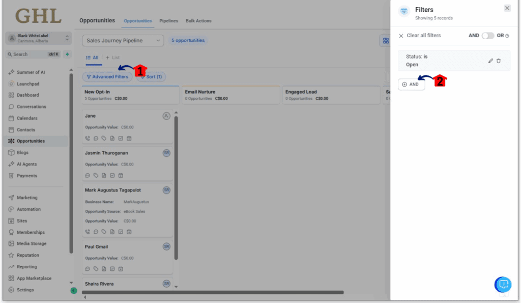 Set CRM Opportunity Filters