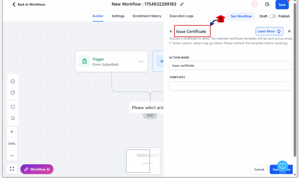 automated badge delivery - Add the Certificate Action