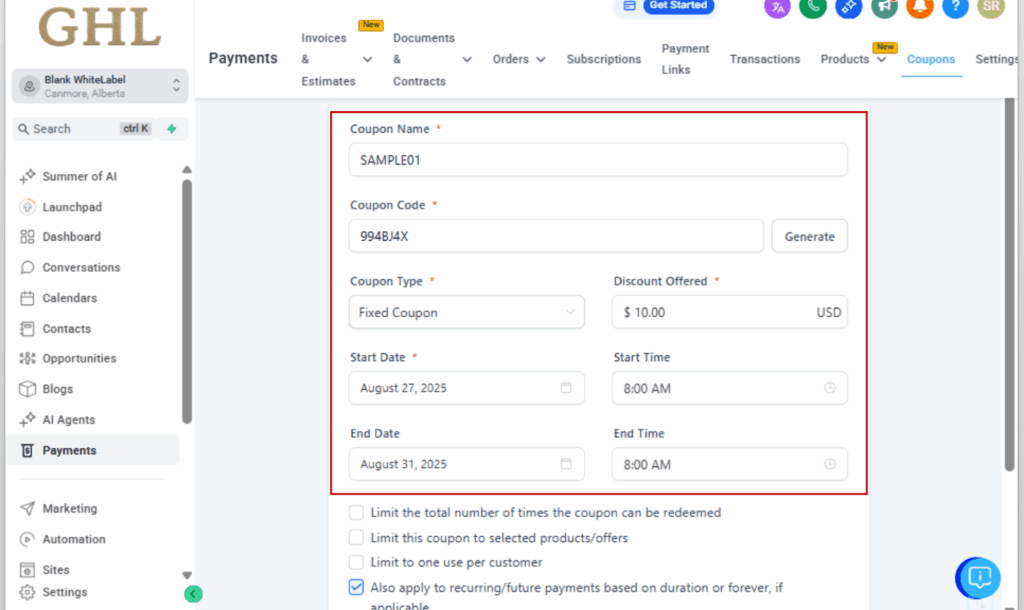  Calendar Discount Codes - Click + New Coupon and set the following