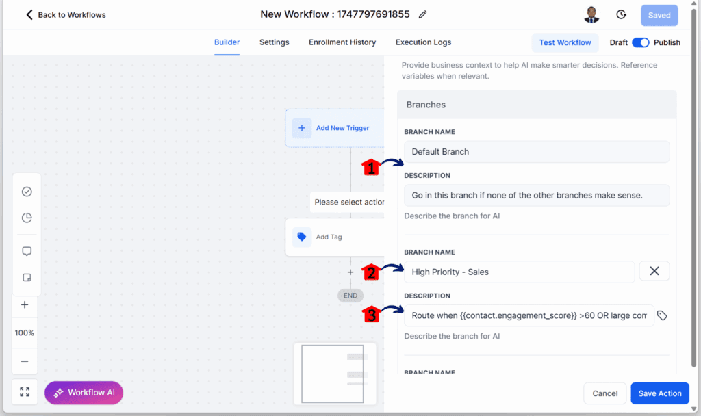 Adding the workflow decision branches settings