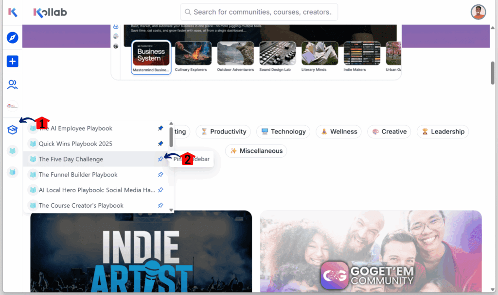 community course UX Pinned Course