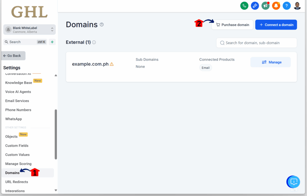 brand domain protection - Open the Domains Settings 