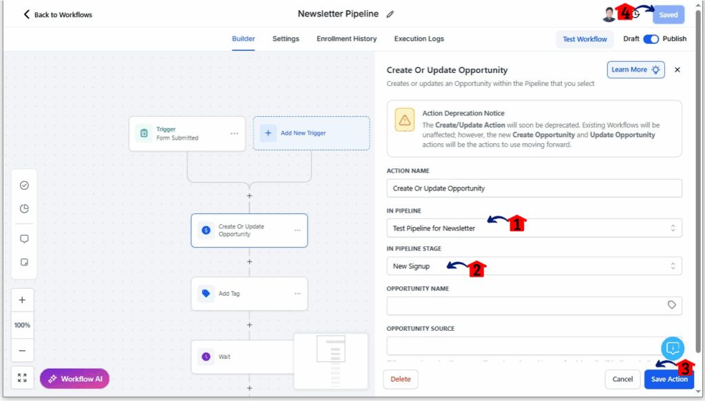Newsletter Automation - Set the Create/Update Opportunity Action Settings