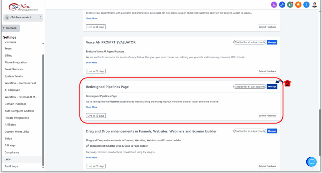 Pipeline Management - Enable the Redesigned Pipelines Page for Sub-accounts