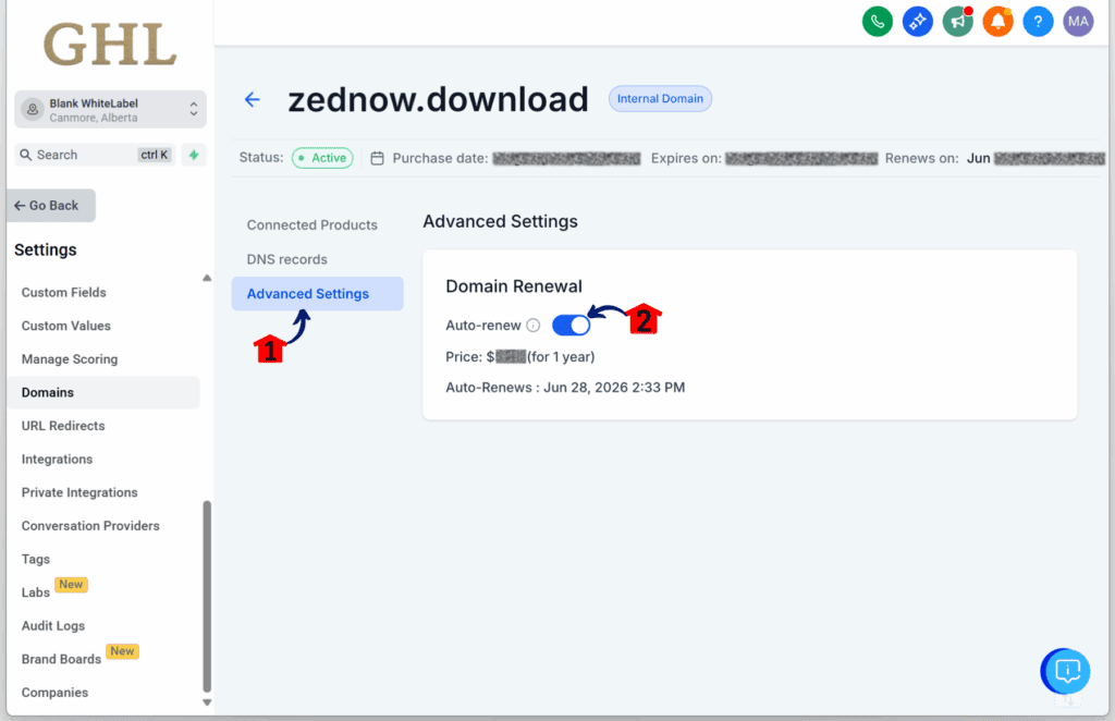 domain renewal settings - Open Advanced Settings