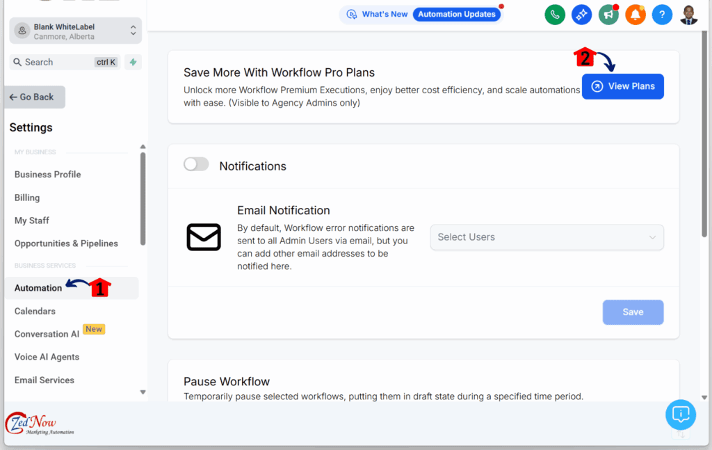 workflow pricing tiers - Open the Automation Settings