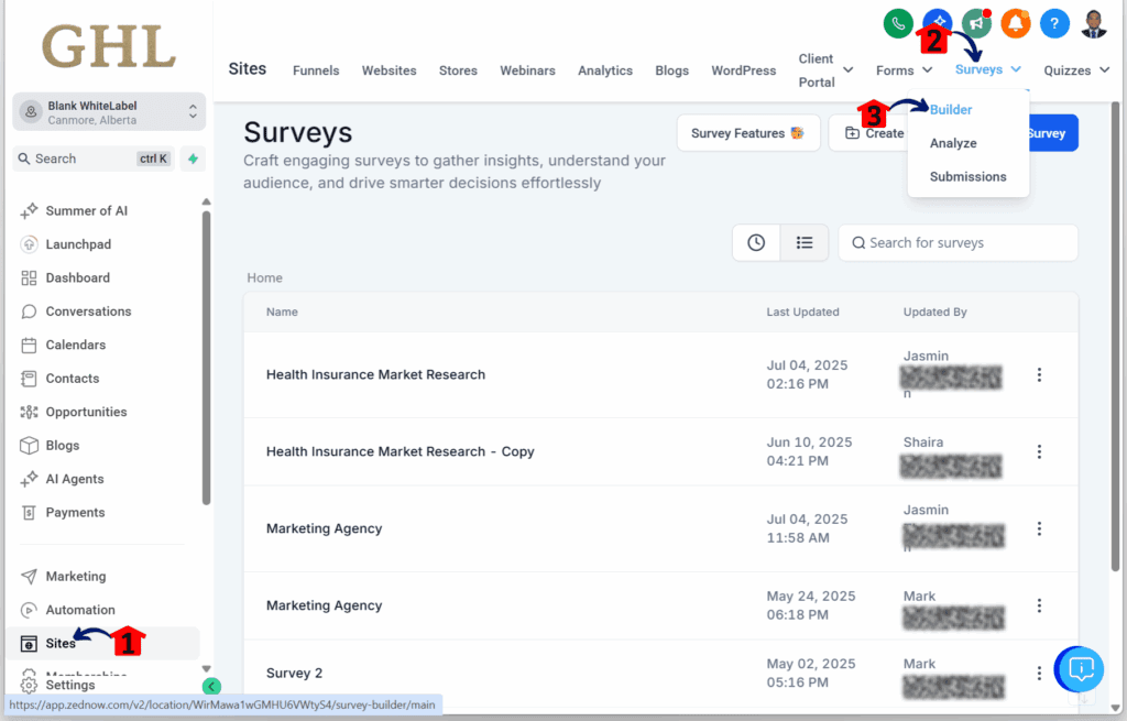 quiz funnel builder – Access the Main Menu in GoHighLevel