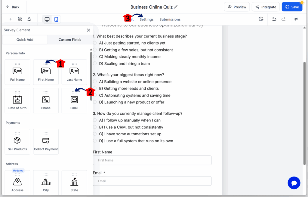quiz funnel builder – Add a Name Field