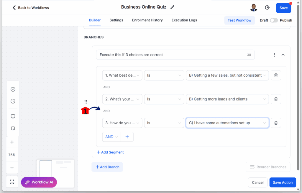quiz automation flow – Customize the Email for Branch 3