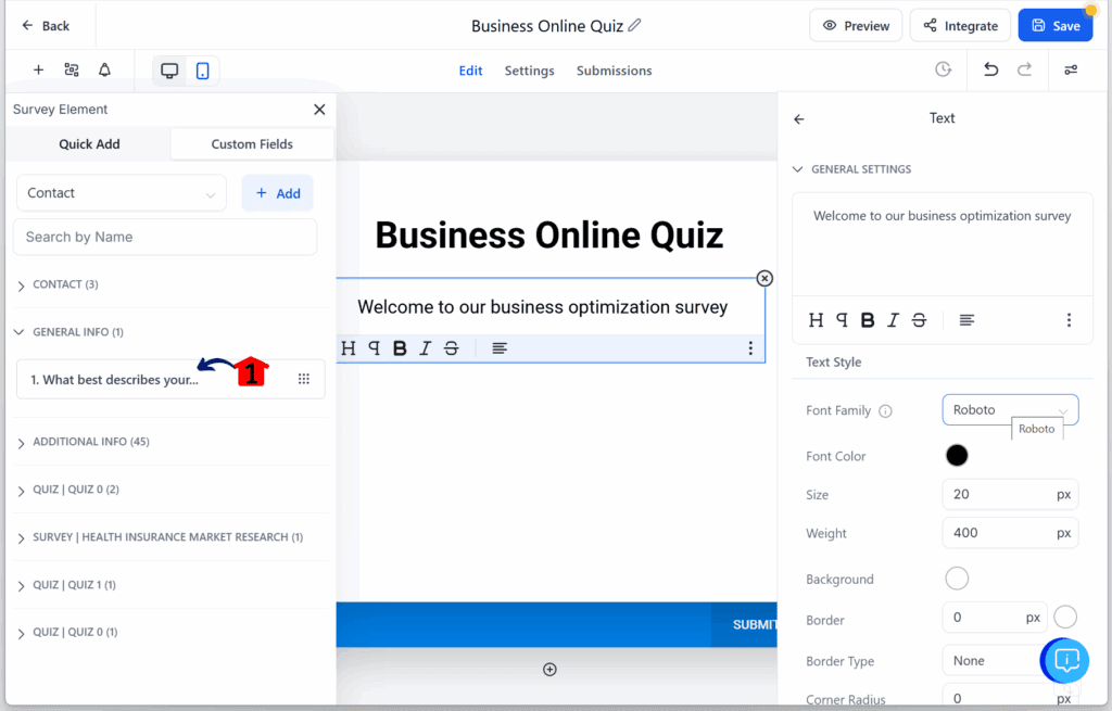 quiz funnel builder – Add Question 1 to the Survey