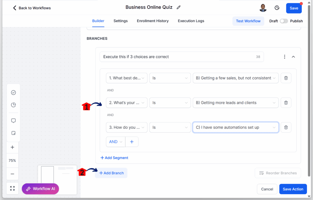 quiz automation flow – Save the Email for Branch 3