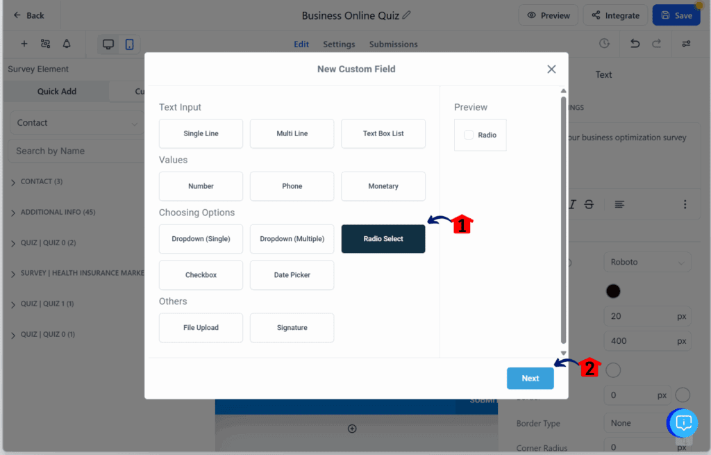 quiz funnel builder – Add a Custom Field