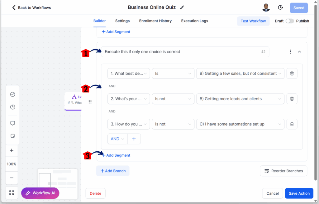 quiz workflow setup – Set Up the “None Correct” Branch