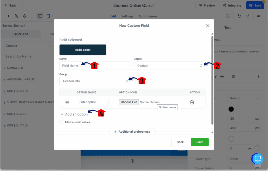 quiz funnel builder – Create a Radio Select Question