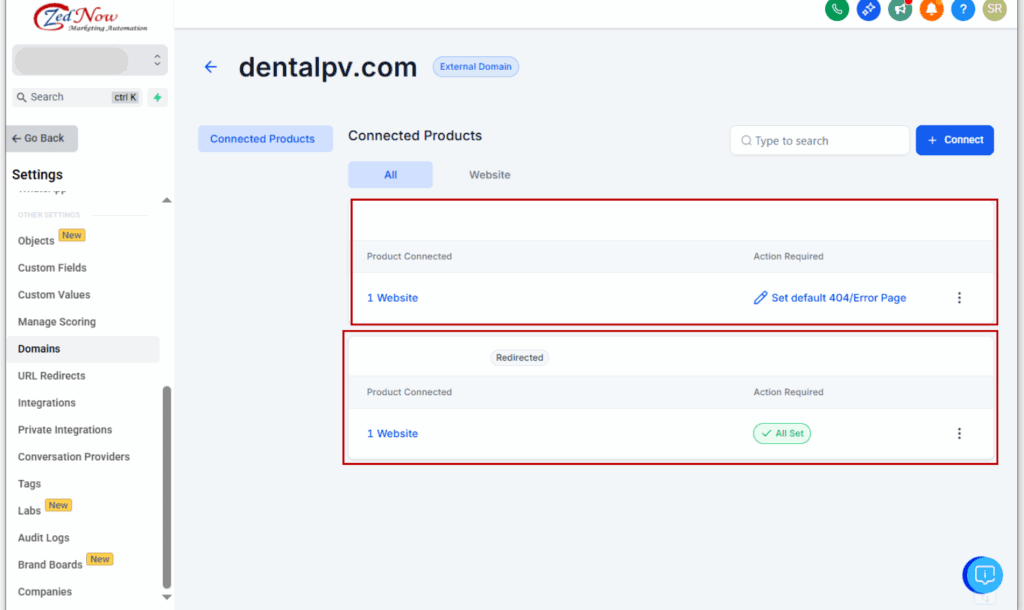GHL domain settings screen showing setup for email threading fix