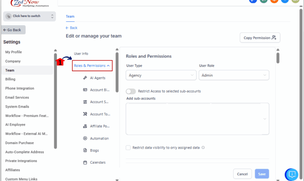 review AI permissions - Go to Agency Settings