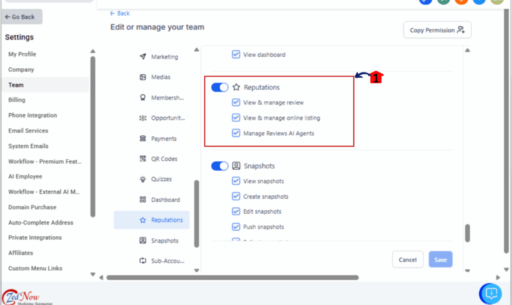 review AI permissions -  Choose the Role or User to Update