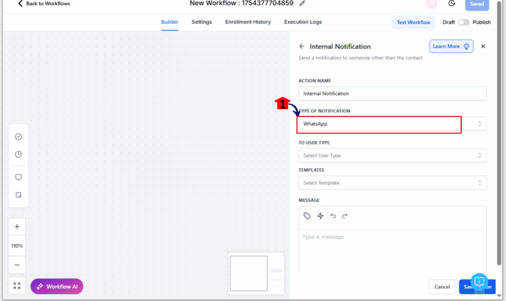 Internal WhatsApp Notifications - Choose Notification Type: WhatsApp