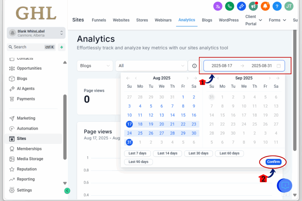 gohighlevel blog performance analytics - data range