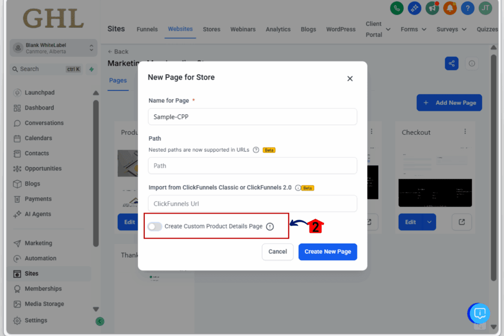 GoHighLevel custom product pages - toggle on