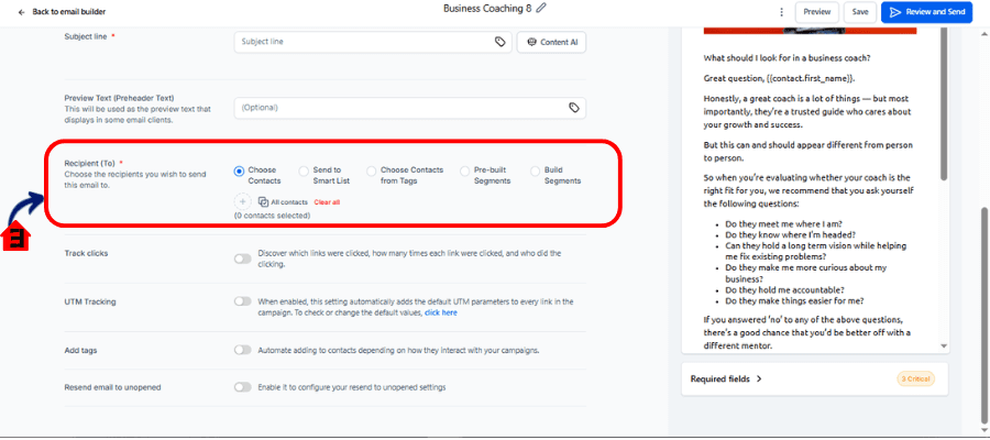 ghl email recipients selection