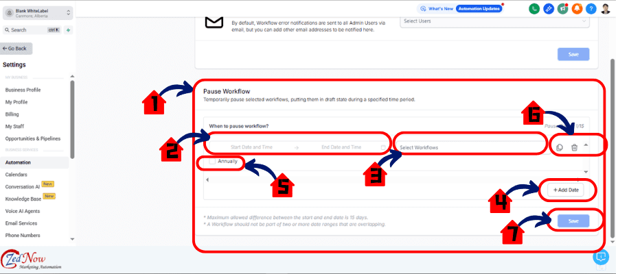 ghl Pause Workflow settings