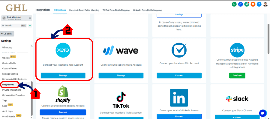 ghl Xero invoice integration settings access