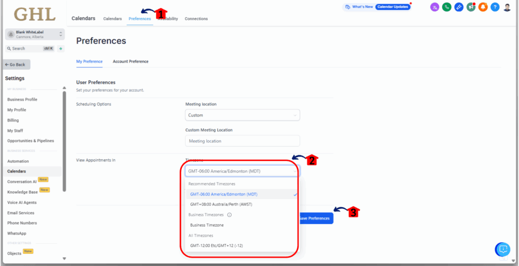 Appointment Timezone Setting - Access the Calendar Preferences