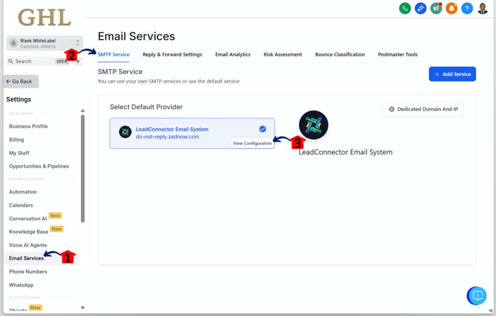 GHL calendar email deliverability – Configure Email Services