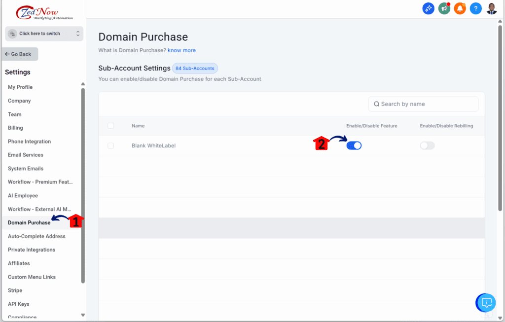 GoHighLevel domain transfer process - Turn On Domain Purchase Settings