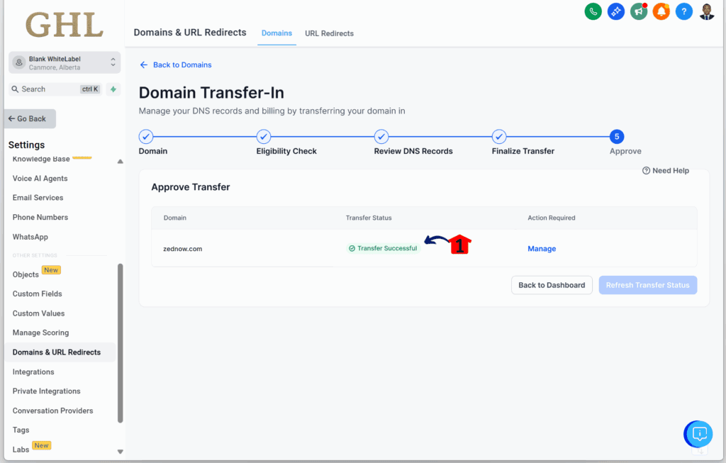 Domain transfer process - Verify Completion