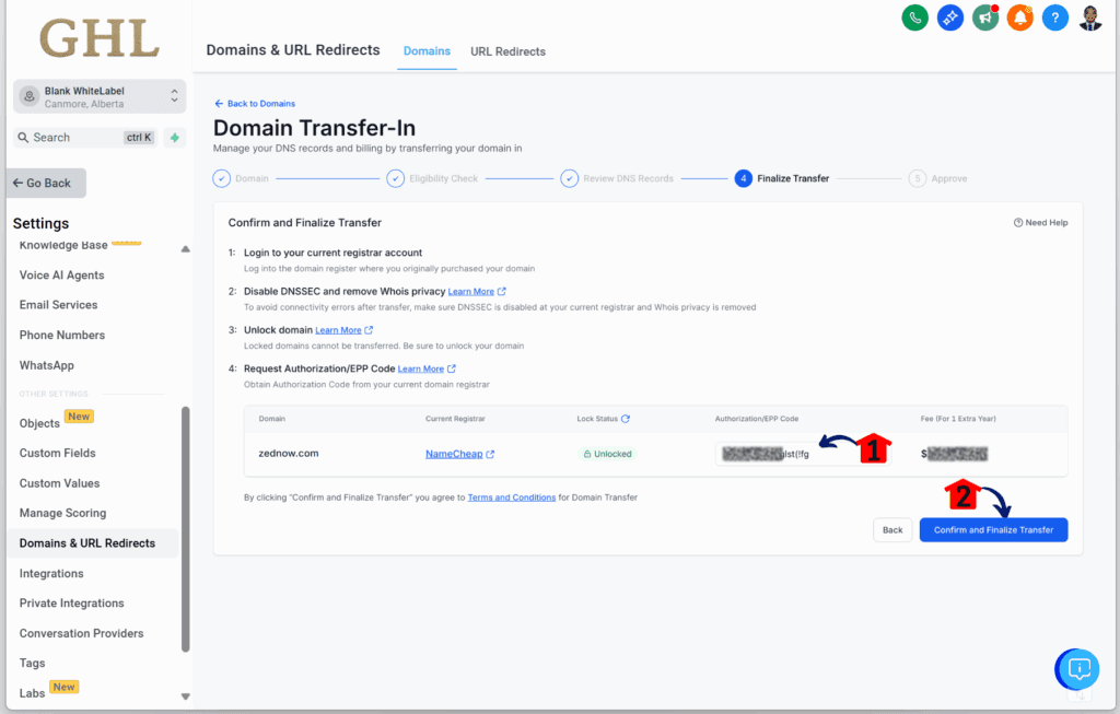 GHL domain transfer process - Finalize the Transfer