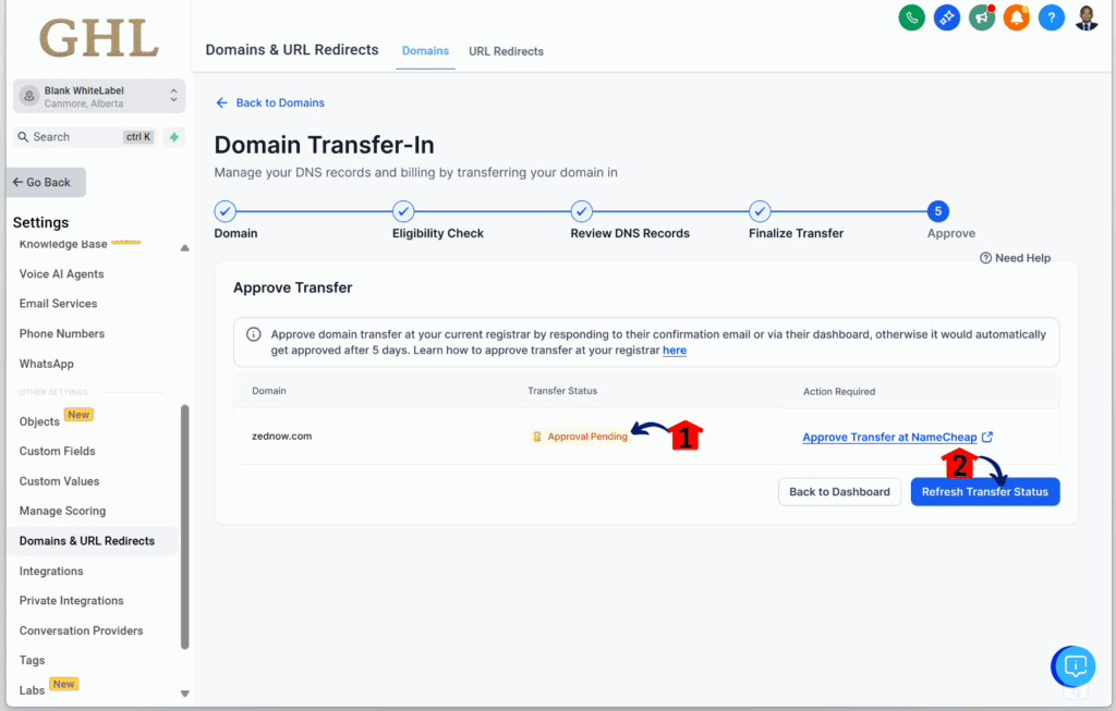 GoHighLevel domain transfer process - Approve the Transfer