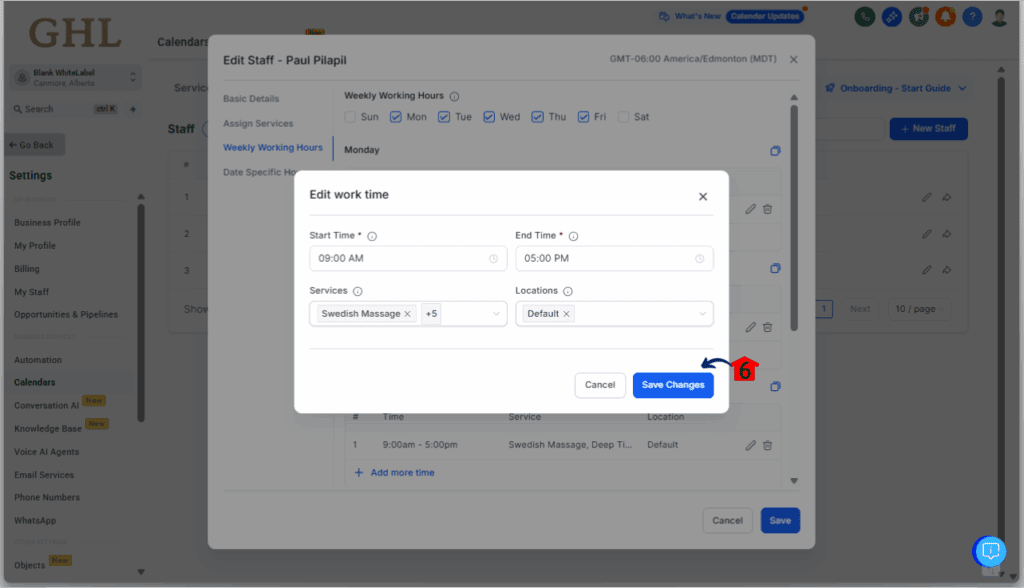 Service Booking Caledar GHL - Edit the Availability of Assigned Staff