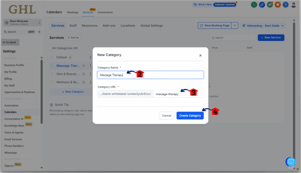 GHL Service Booking Calendar - Create a New Service Category
