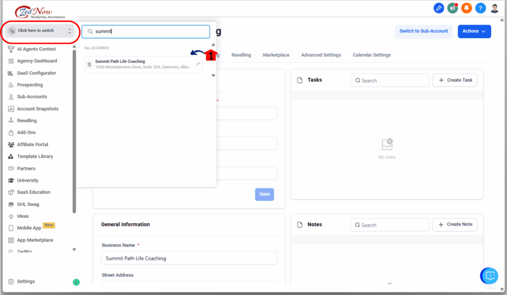 GoHighLevel Sub-Account Setup - Switch to Your New Account