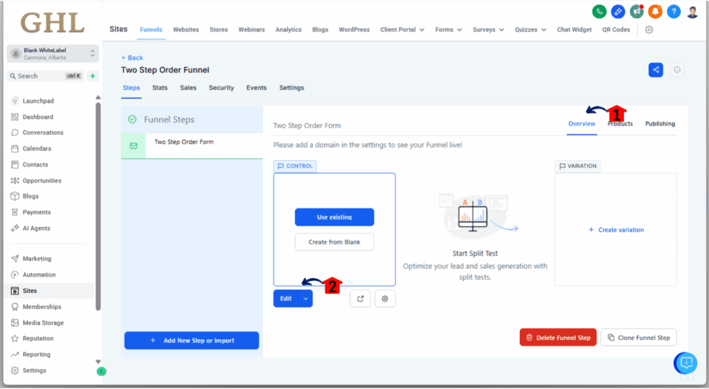 GHL Two Step Order Form - Edit the Funnel Step