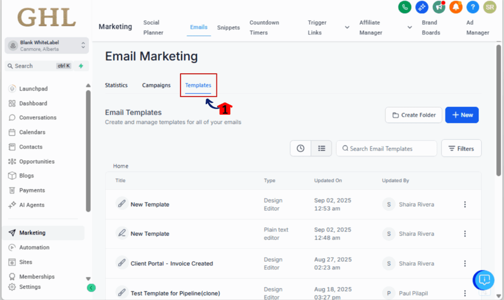 GHL Mailchimp template import
- Go to the Templates Tab